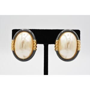 Donald Stannard Vintage Clip Earrings Pearl Gold Taupe Enamel Signed 1980s BinAS
